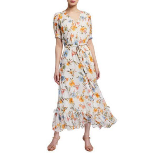Calvin Klein | NWT Floral Chiffon Peasant Puff Sleeve Tiered Maxi Dress | 6 - Picture 1 of 6